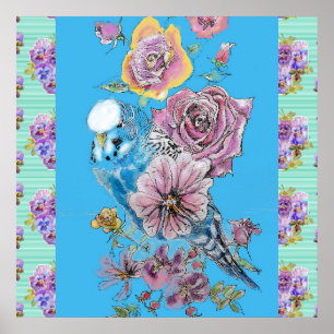 Blåbudgie Bird Ro Flower Painting Aqua Poster