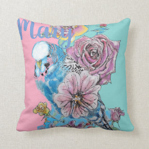 Blåbudgie Budgies Ro, blomma blommigt Cushion Kudde