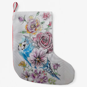 Blåbudgie & Röd ros Flowers Blommigt Stocking Liten Julstrumpa
