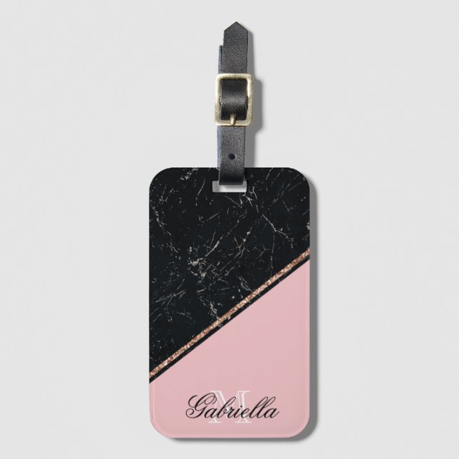 Blac Marble Ro Guld Glitter Bagagebricka (Framsida vertikal)