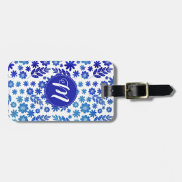 BlåChina Hand plockade Blommönster och monogram Bagagebricka