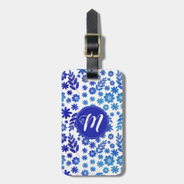 BlåChina Hand plockade Blommönster och monogram Bagagebricka