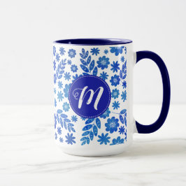 BlåChina Hand plockade Blommönster och monogram Mugg