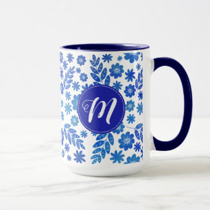 BlåChina Hand plockade Blommönster och monogram Mugg