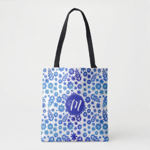BlåChina Hand plockade Blommönster och monogram Tygkasse
