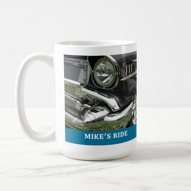 Black 1957 Chevy Car, Namn/Message, Ditt foto/Art Kaffemugg (Vänster)