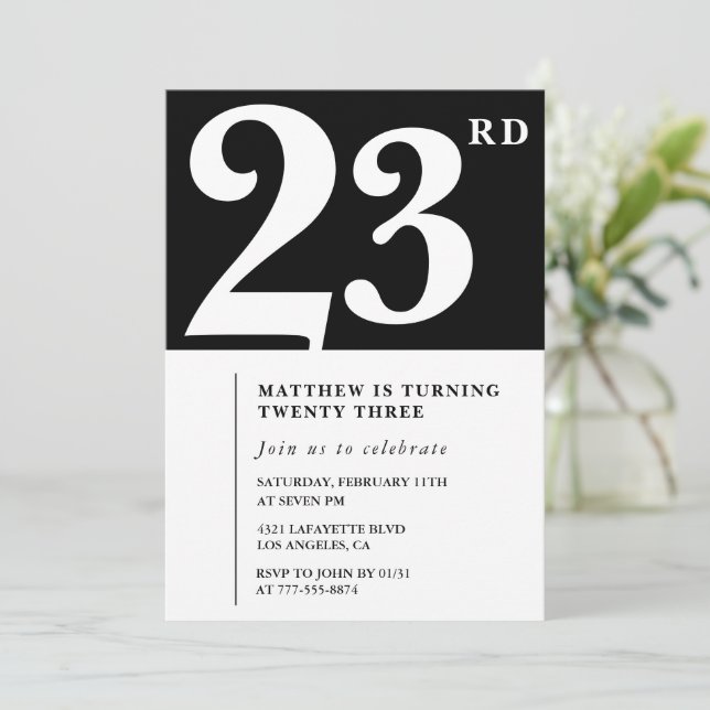 Black 23rd birthday invitation Elegant Chic Simple Inbjudningar (Stående Fram)
