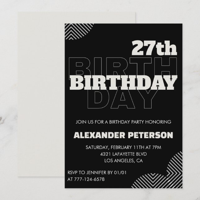 Black 27th birthday invitations Men Party Inbjudningar (Fram/baksida)
