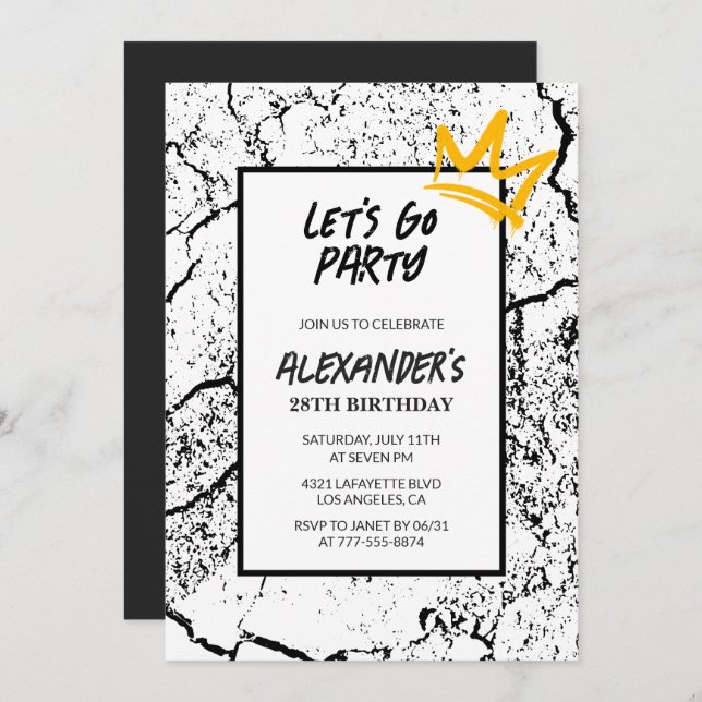 Black 28th birthday invitation Men Grunge  Inbjudningar (Fram/baksida)