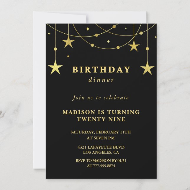Black 29th birthday invitations Gold Stars Inbjudningar (Framsida)