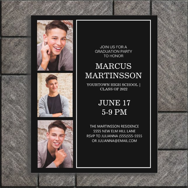 Black 3 Photo Modern Studentfest BUDGET (Black 3-photo graduation party invitation for him)