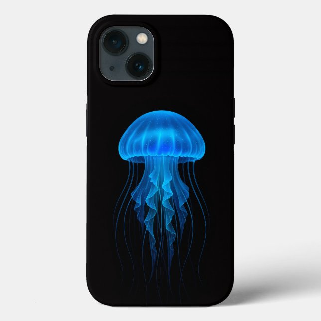 Black 4 Luxe iPhone 13 Case, Neon Blue Jellyfish (Baksida)