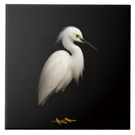 Black 4 Luxe Tile with Elegant Snowy Egret Kakelplatta