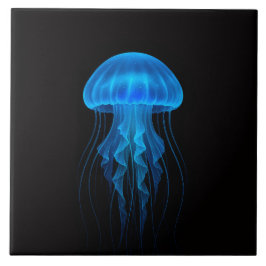 Black 4 Luxe Tile with Neon Blue Jellyfish Kakelplatta