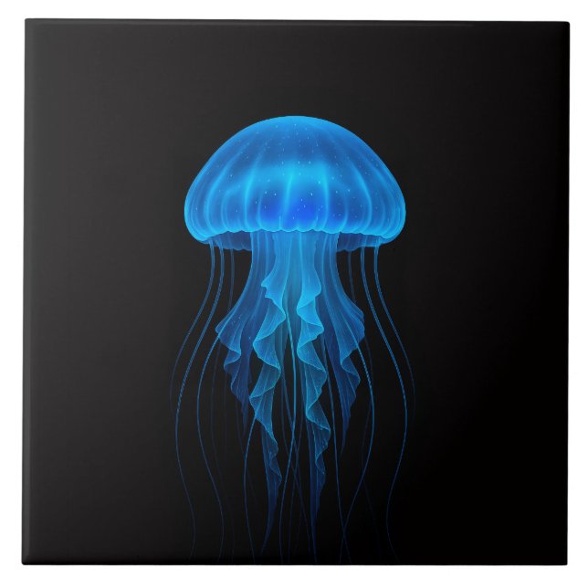Black 4 Luxe Tile with Neon Blue Jellyfish Kakelplatta (Framsidan)