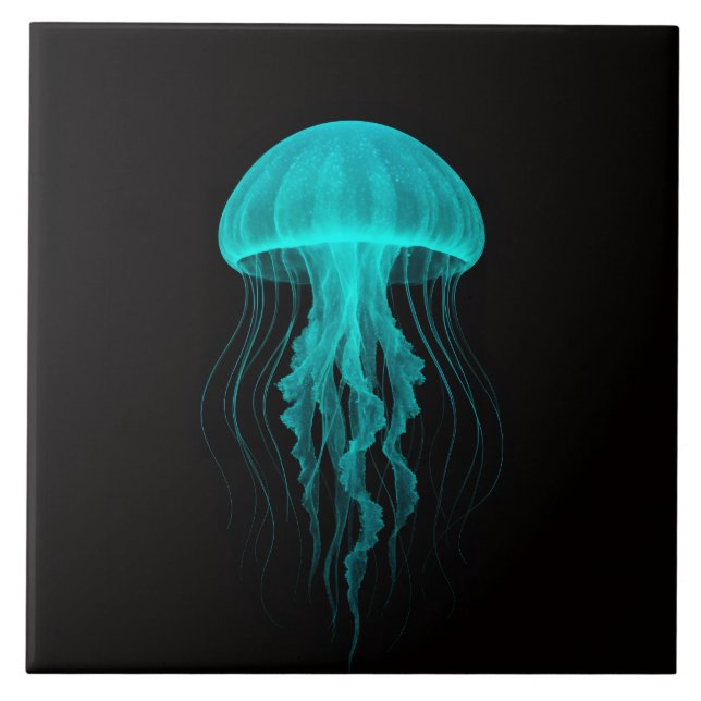 Black 4 Luxe Tile with Neon Green Jellyfish Kakelplatta (Framsidan)