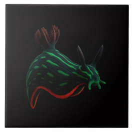 Black 4 Luxe Tile with Neon Green Sea Slug Kakelplatta