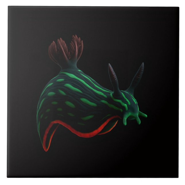 Black 4 Luxe Tile with Neon Green Sea Slug Kakelplatta (Framsidan)
