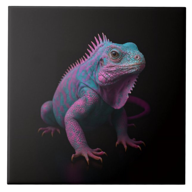Black 4 Luxe Tile with Pink Tropical Iguana Kakelplatta (Framsidan)