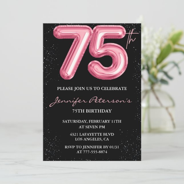Black 75:e-födelsedagsinbjudningar Balloon Glam Ro Inbjudningar (Stående Fram)