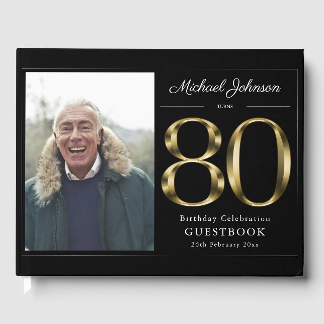 Black 80 Birthday Guld Typography Classy Anpassnin Gästböcker (Framsida)