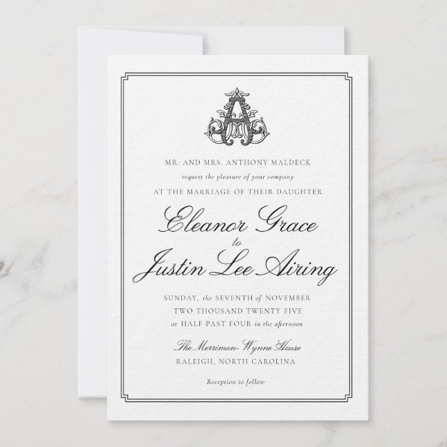 Black "A" Monogram Wedding Invitation Inbjudningar (Framsida)