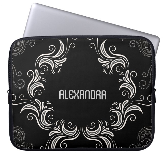 Black A& White Baroque Swirls-Monogram Laptop Fodral (Framsidan)