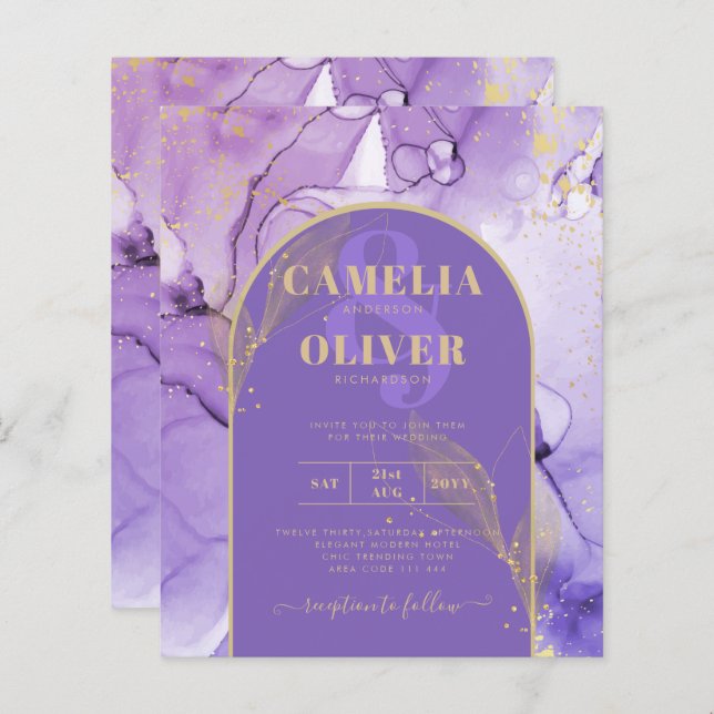 Bläck Abstrakt LILA GULD Lavender Wedding INVITE (Fram/baksida)