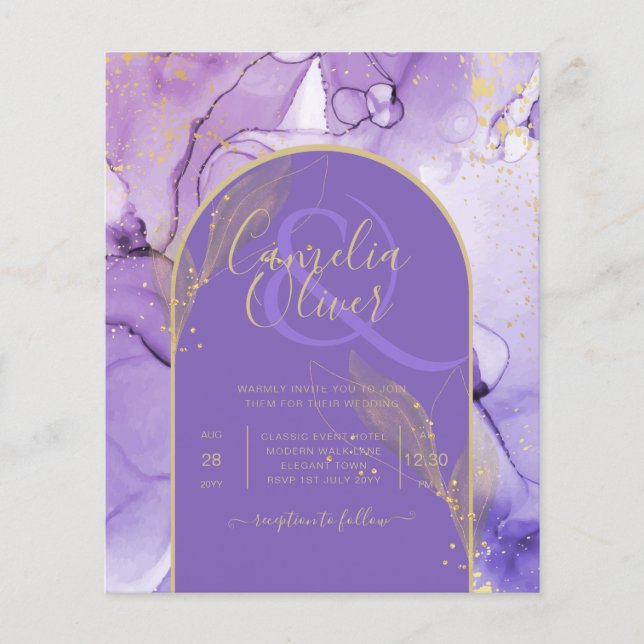 Bläck Abstrakt LILA GULD Lavender Wedding INVITE (Framsida)