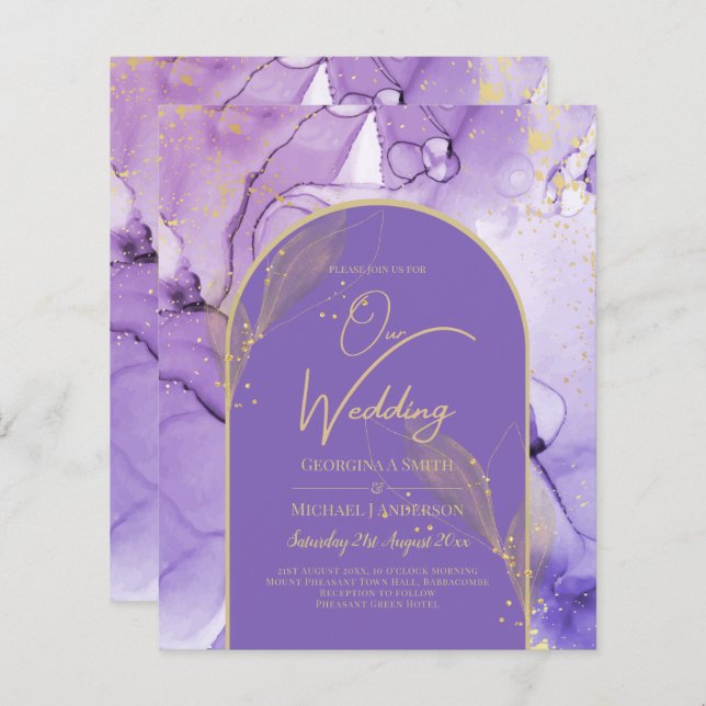 Bläck Abstrakt LILA GULD Lavender Wedding INVITE (Fram/baksida)