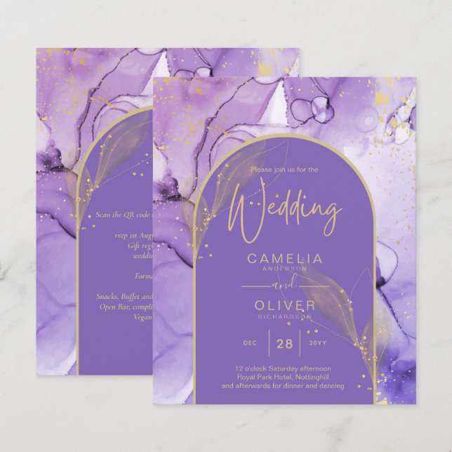 Bläck Abstrakt LILA GULD Lavender Wedding INVITE (Fram/baksida)