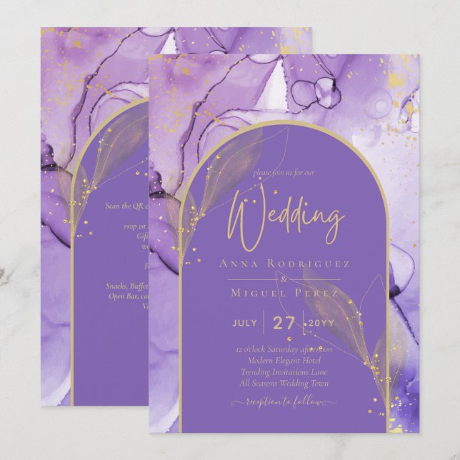 Bläck Abstrakt LILA GULD Lavender Wedding INVITE Inbjudningar (Fram/baksida)
