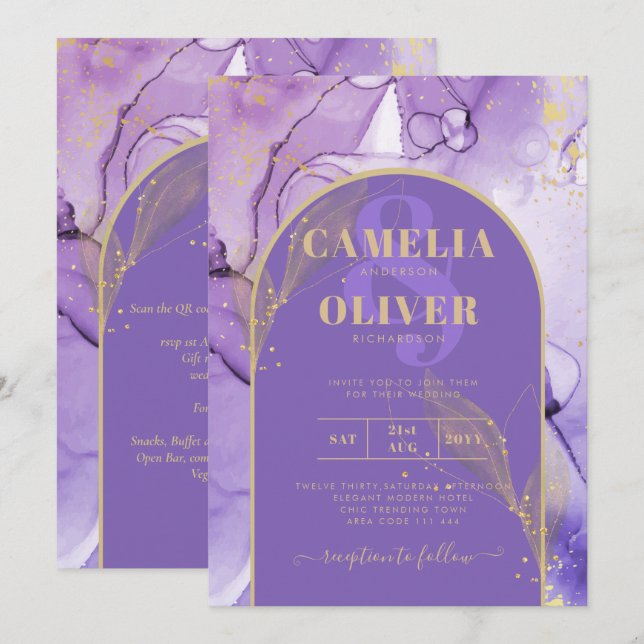 Bläck Abstrakt LILA GULD Lavender Wedding INVITE Inbjudningar (Fram/baksida)