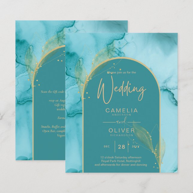 BLÄCK Abstrakt Turquise Teal Guld Wedding INVITE (Fram/baksida)