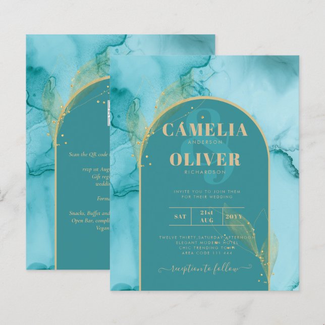 BLÄCK Abstrakt Turquise Teal Guld Wedding INVITE (Fram/baksida)