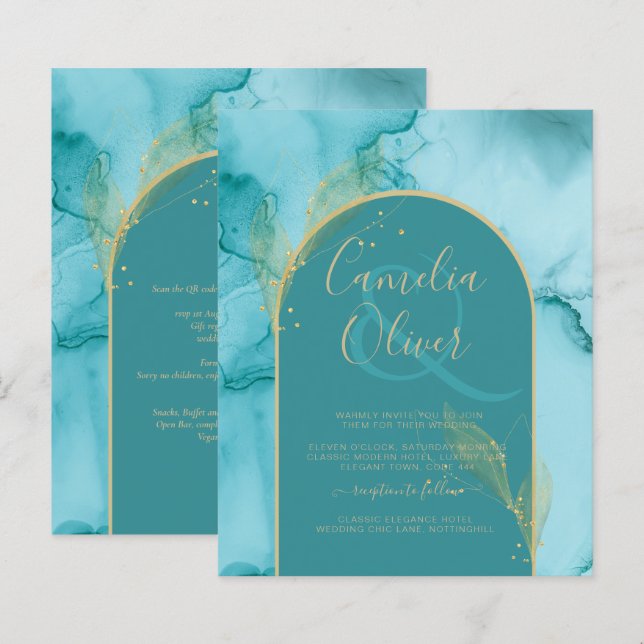 BLÄCK Abstrakt Turquise Teal Guld Wedding INVITE (Fram/baksida)