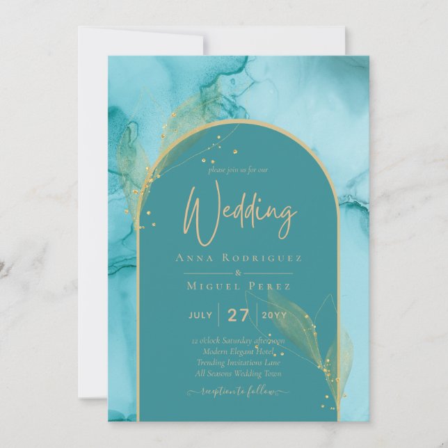 BLÄCK Abstrakt Turquise Teal Guld Wedding INVITE Inbjudningar (Framsida)
