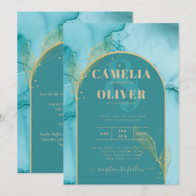 BLÄCK Abstrakt Turquise Teal Guld Wedding INVITE Inbjudningar (Fram/baksida)