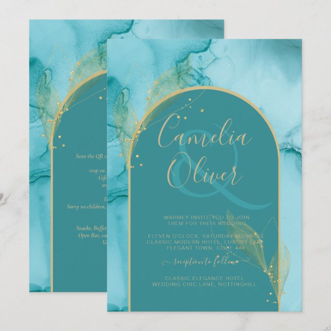 BLÄCK Abstrakt Turquise Teal Guld Wedding INVITE Inbjudningar (Fram/baksida)