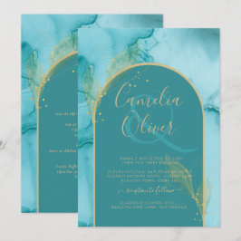 BLÄCK Abstrakt Turquise Teal Guld Wedding INVITE Inbjudningar