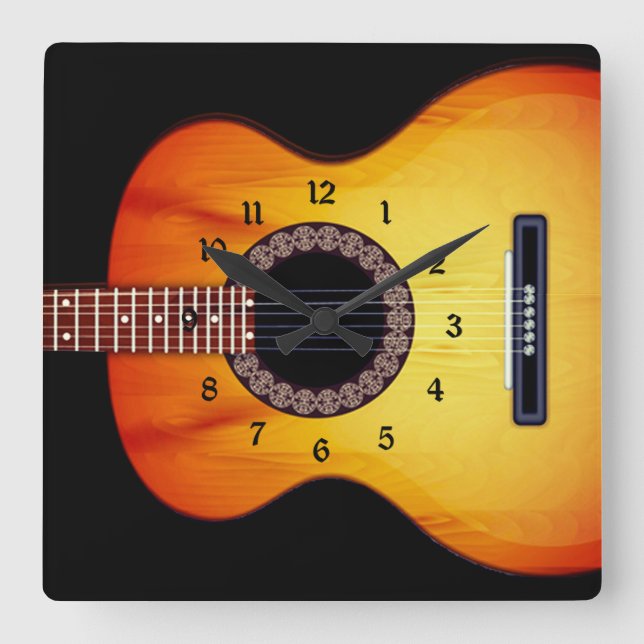 Black Acoustic Guitar Fyrkantig Klocka (Framsida)