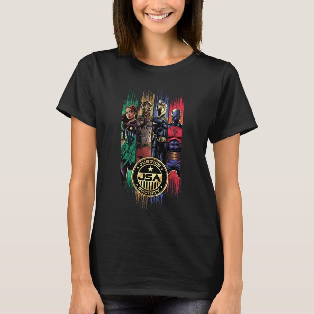 Black Adam Justice Society Heroes In Stripes T Shirt (Framsida)