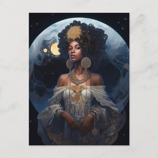 Black African-American Måne Goddess Queen Fantasy Vykort (Framsida)