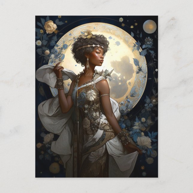 Black African-American Måne Goddess Queen Fantasy Vykort (Framsida)