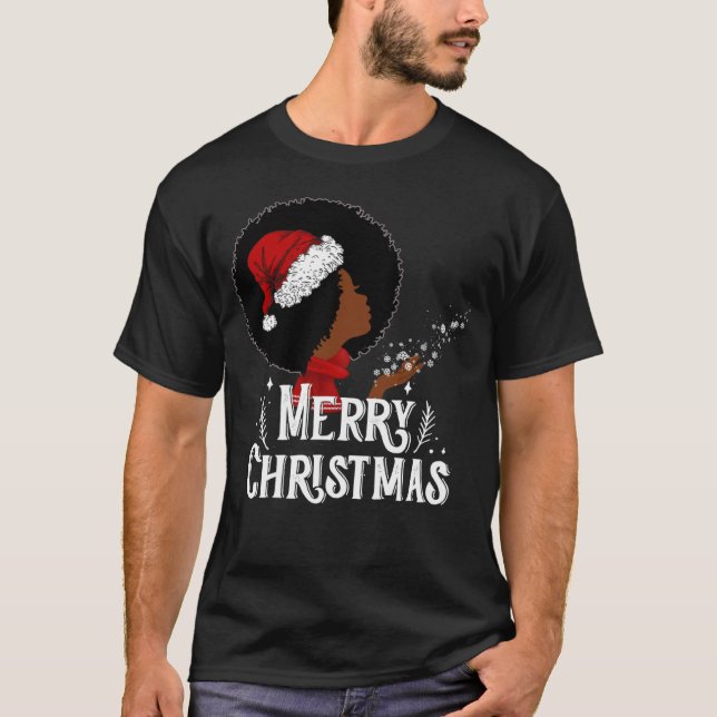 Black African American Women Santa Hat Christmas M T Shirt (Framsida)