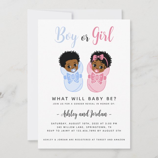 Black African American Wrapped Baby Gender Reveal Inbjudningar (Framsida)