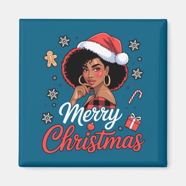 Black African Girl American Merry Christmas Santa  Magnet (Framsidan)