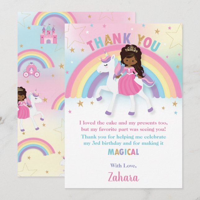 Black African Princess Rainbow Unicorn Birthday Tack Kort (Fram/baksida)