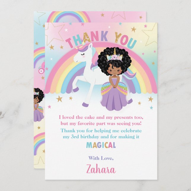 Black African Princess Rainbow Unicorn Birthday Tack Kort (Fram/baksida)