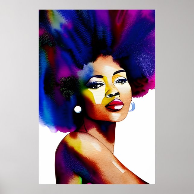 Black Afro Woman Watercolor Porträtt IV Poster (Framsidan)